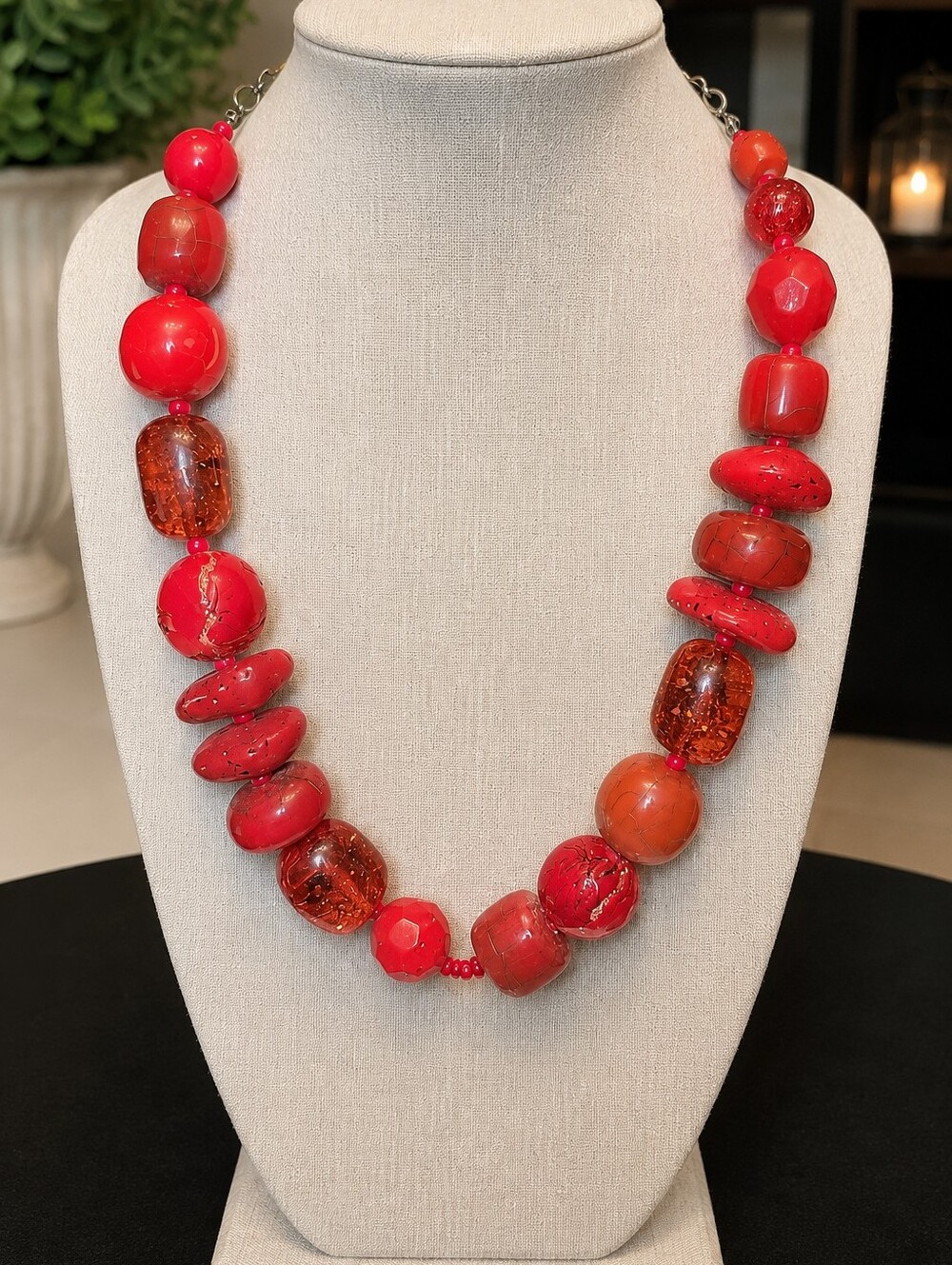 Chico's Red Statement Beaded Necklace | Chunky Artisan Boho Collar Necklace